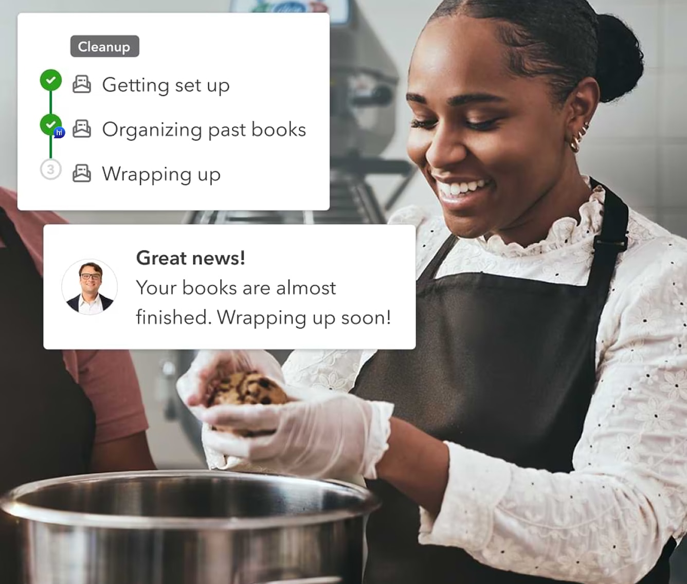 Person preparing food in kitchen with notifications overlay